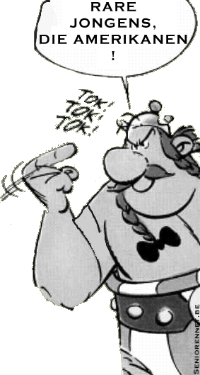Figuur van Obelix, wanneer hij zegt 'rare jongens, die amerikanen'